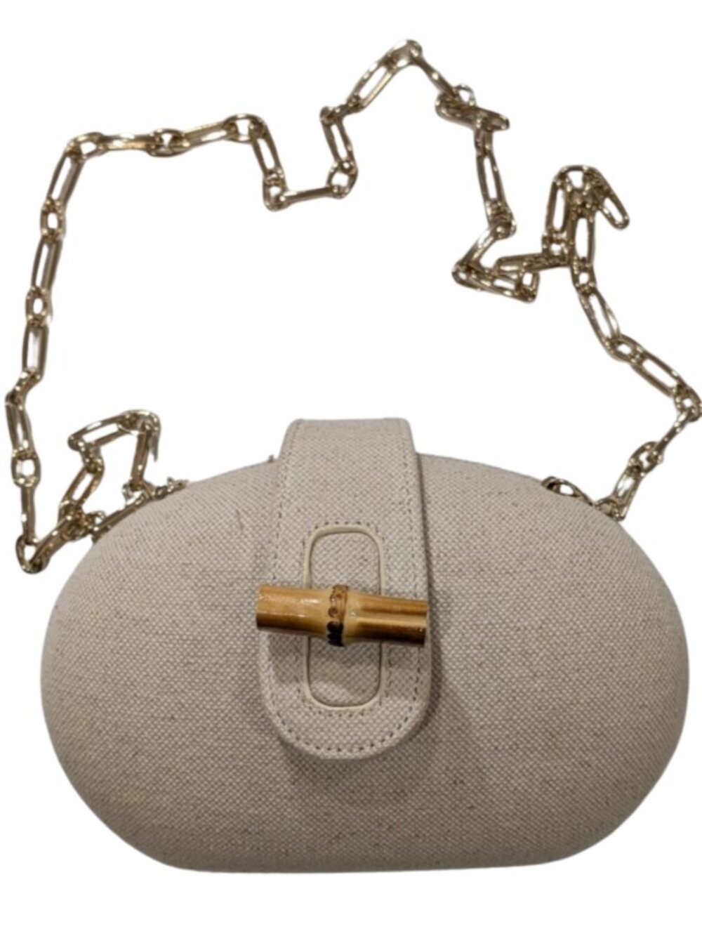 Zara Canvas Bamboo Toggle Clutch Crossbody Bag Beige Gold